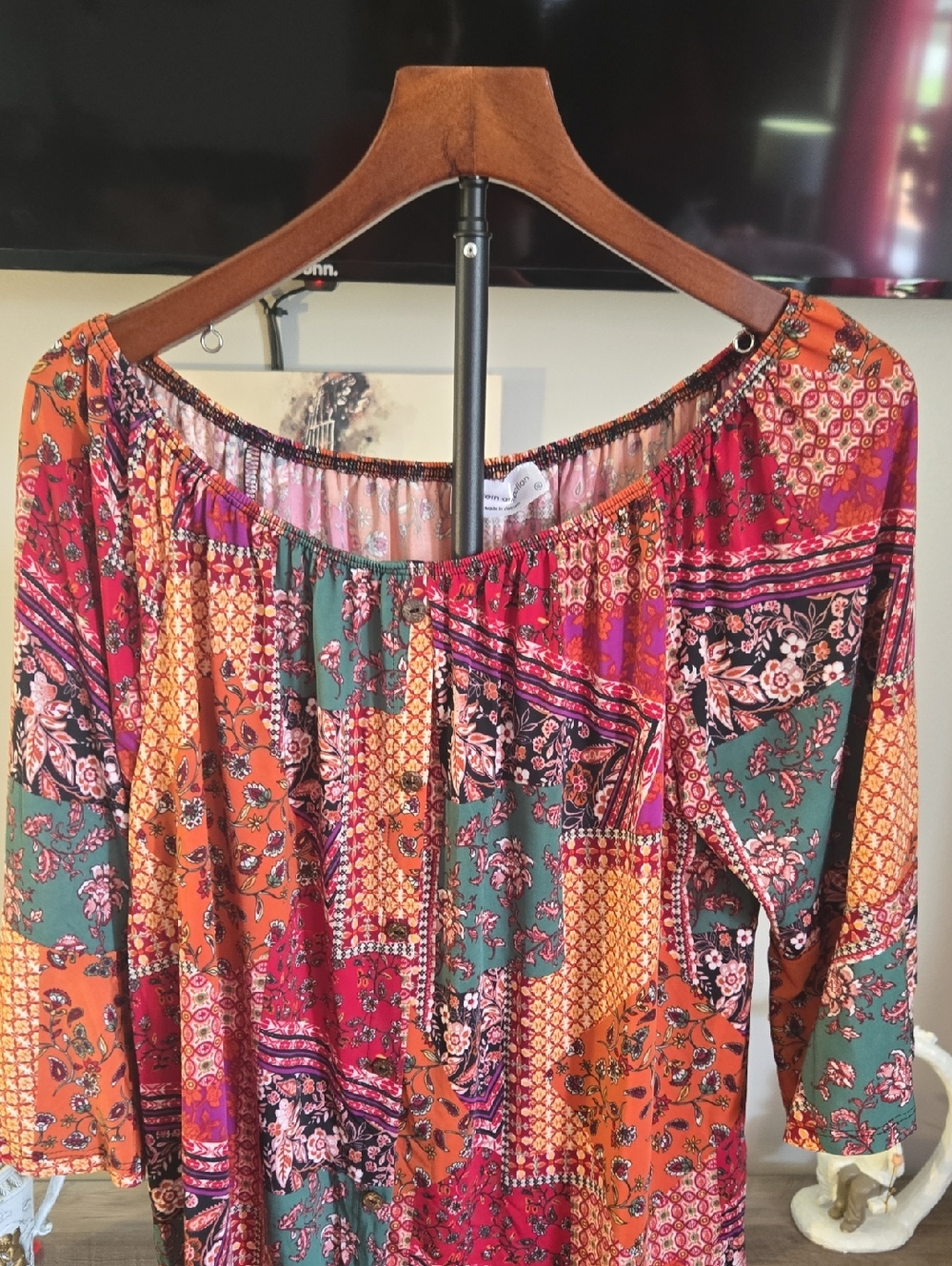 Bohemian Patchwork Off-Shoulder Tunic Top - Multicolor